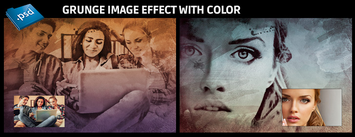 Photoshop Grunge image effect with optional color - Grunge image effect with 6 color options and splashes