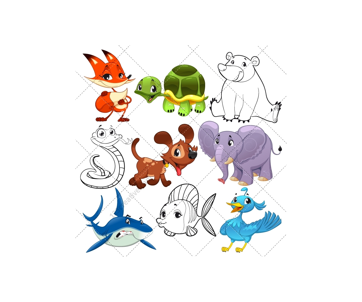Cartoon animals vector pack - cartoon dog, snake, fish, elephant, pet