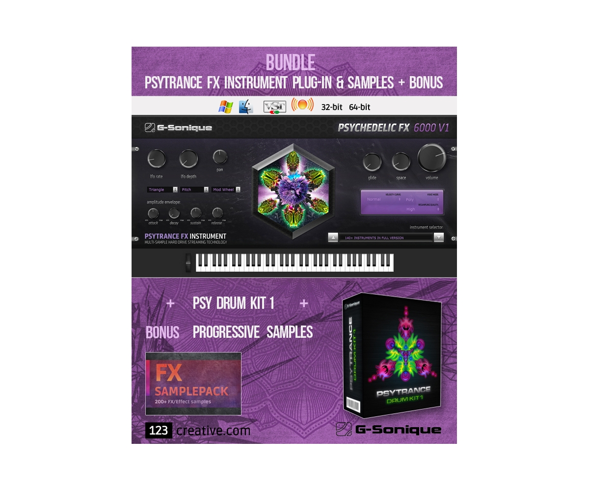 Psytrance VST bundle. G-Sonique Psytrance FX instrument plug-in & Sample  pack. Bonus Progressive samples